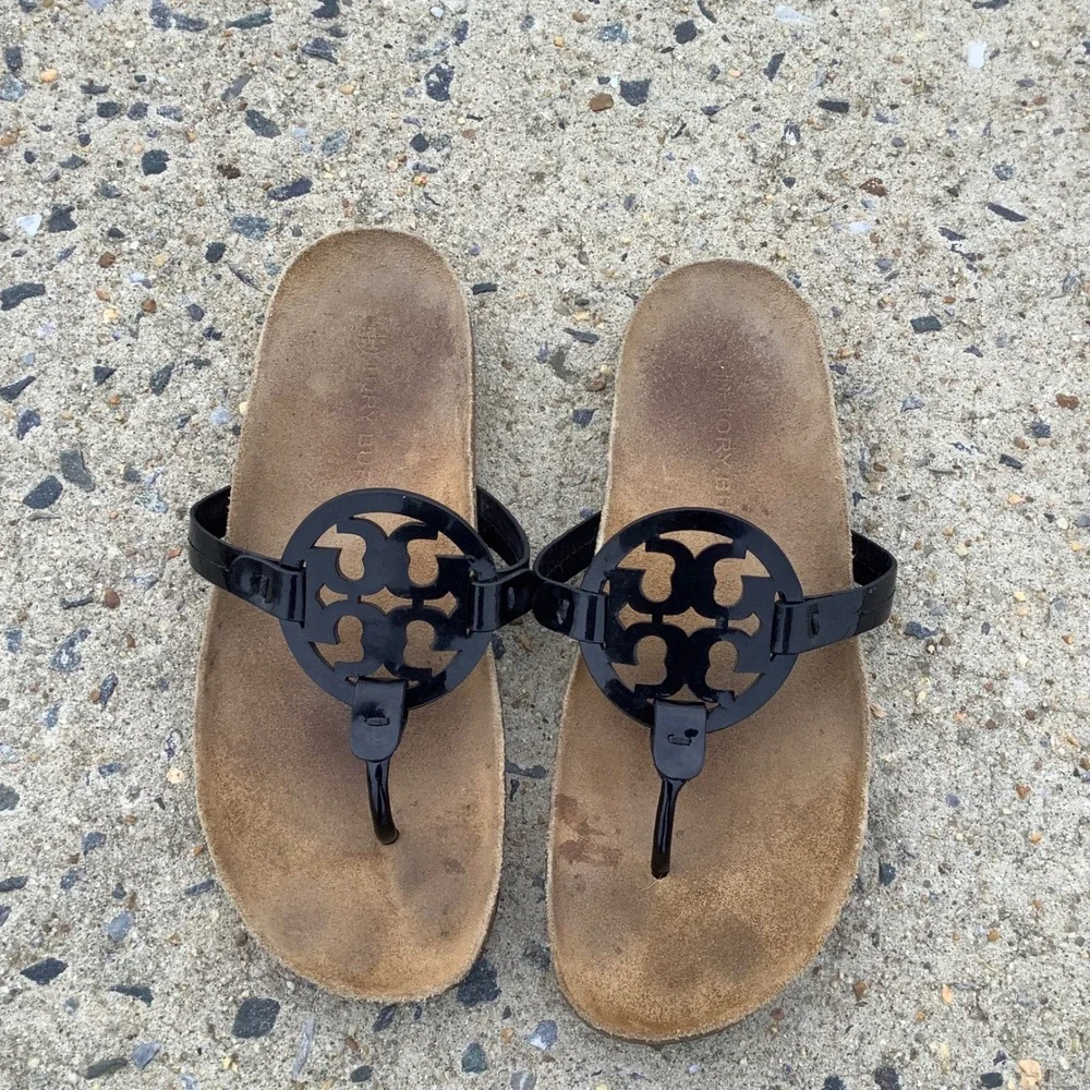 Tory Burch Miller Cloud Black Patent Leather Cork Footbed Thong Sandals Women 9M